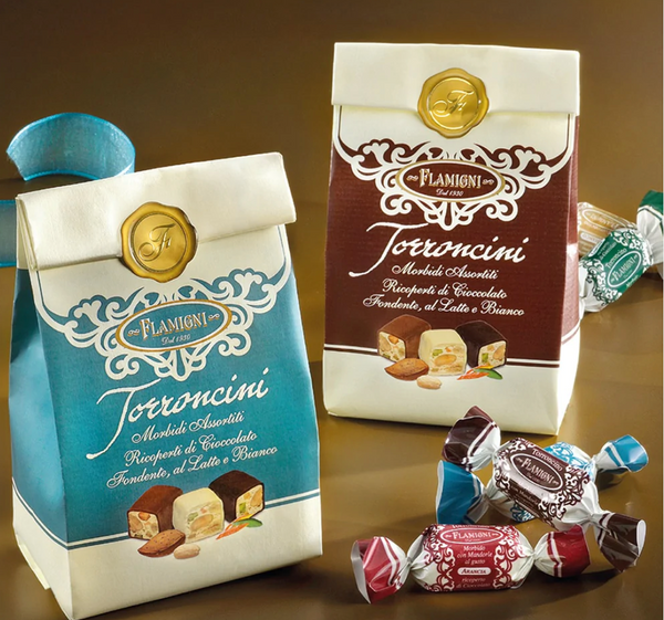 Brown packet Flamigni nougat in bags